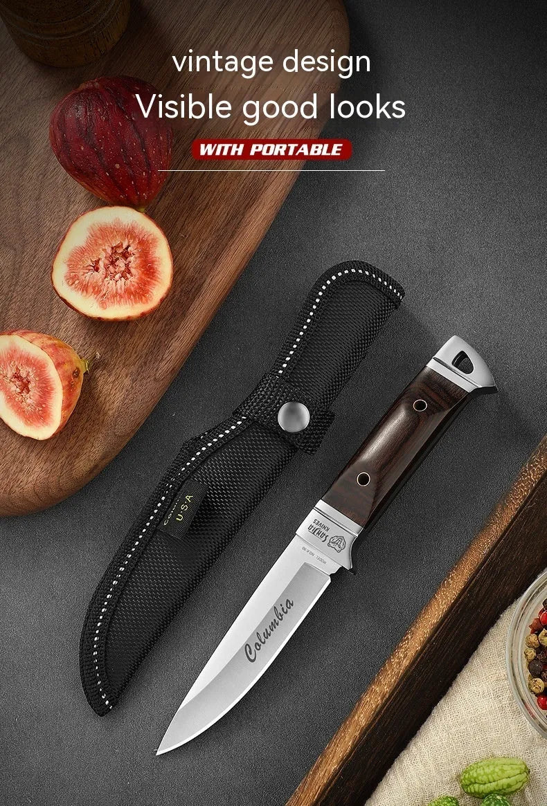 National style stainless steel camping fruit knife shown with its brown leather protective case.