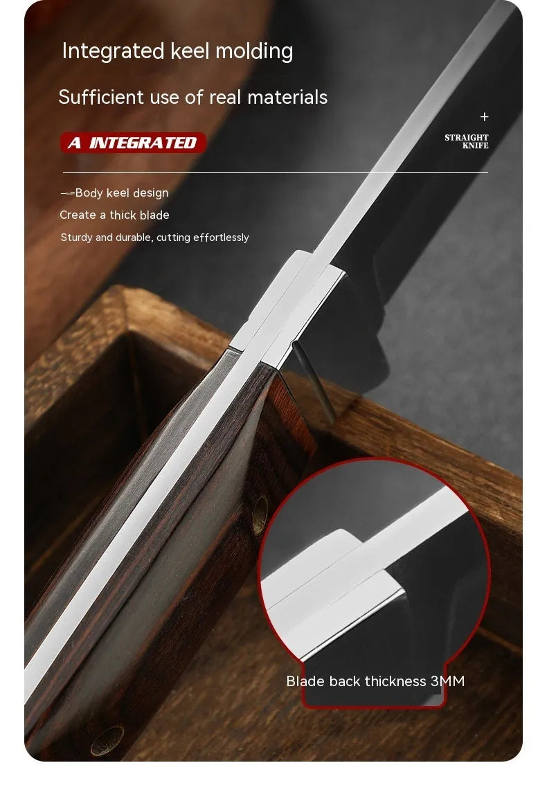 National style stainless steel camping fruit knife shown with its brown leather protective case.