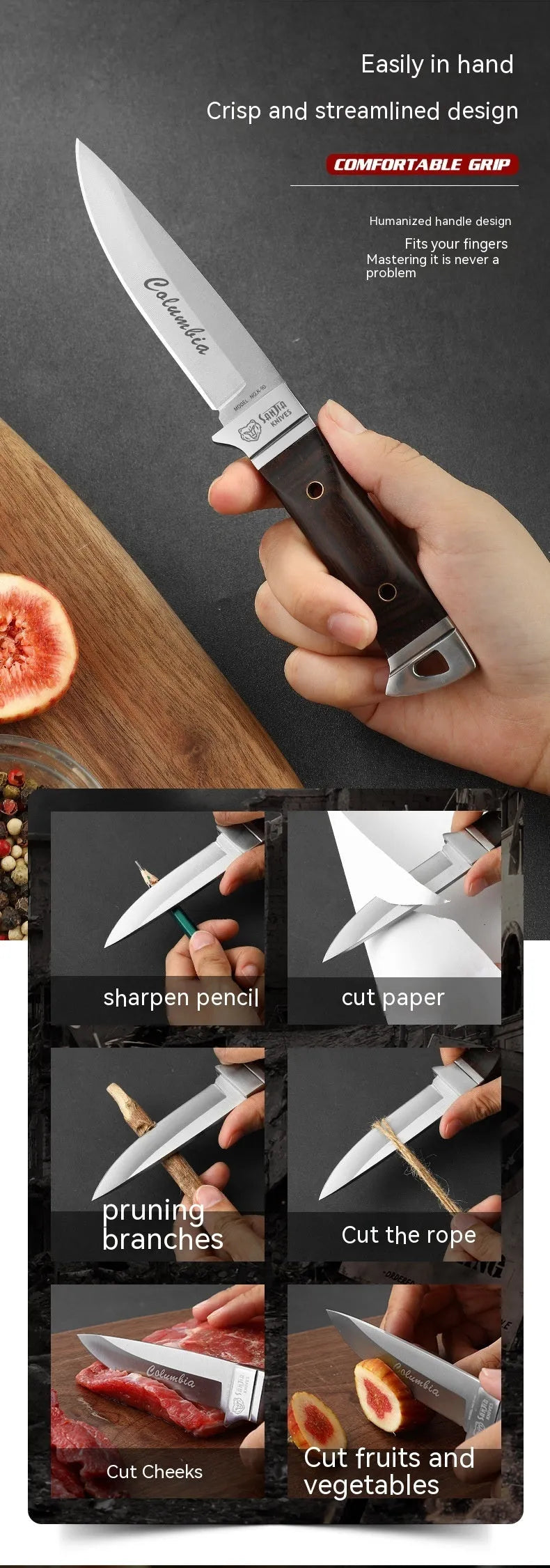 National style stainless steel camping fruit knife shown with its brown leather protective case.