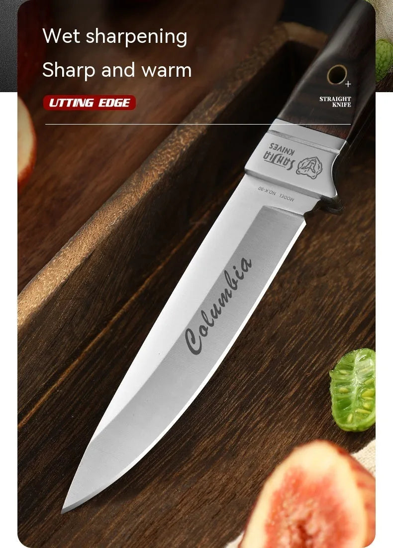 National style stainless steel camping fruit knife shown with its brown leather protective case.