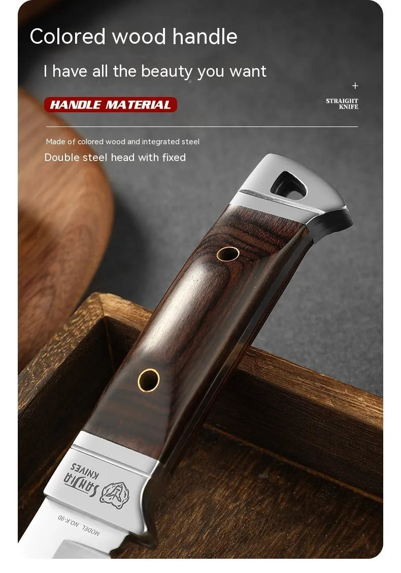 National style stainless steel camping fruit knife shown with its brown leather protective case.