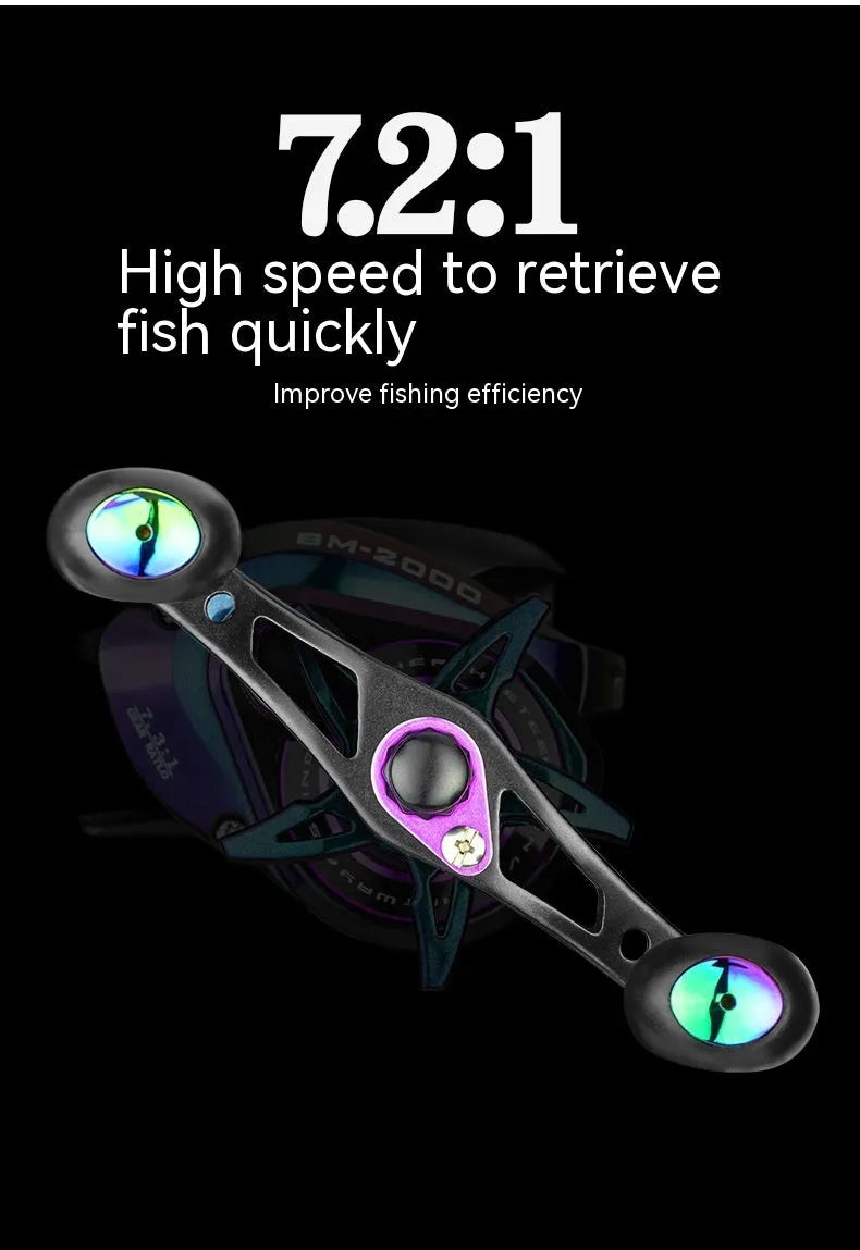 BM2000 graphite fishing reel with magnetic brake, shown in water drop design