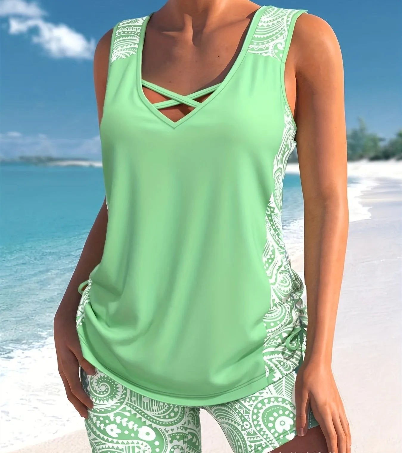 Women's printed two-piece swimsuit with split boxer shorts in polyester fabric