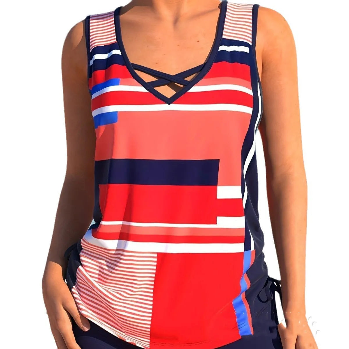Women's printed two-piece swimsuit with split boxer shorts in polyester fabric