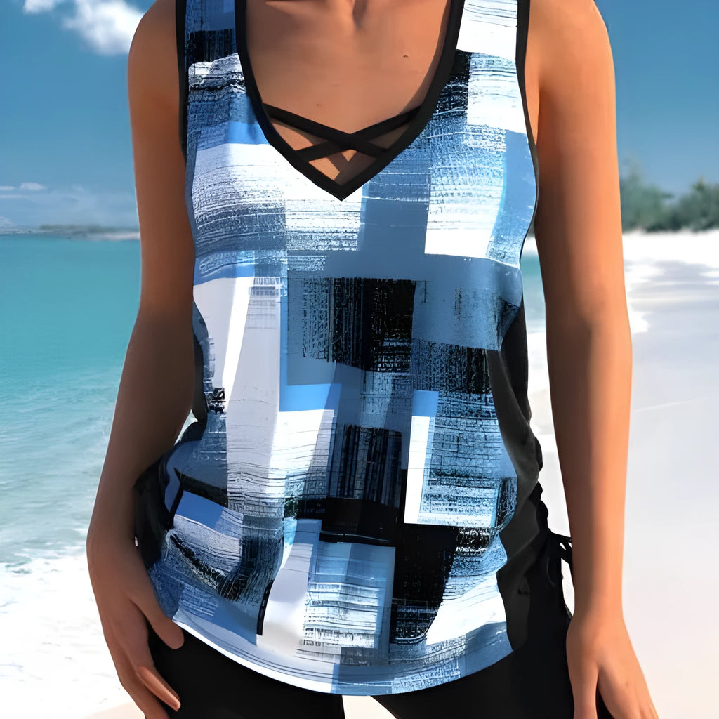 Women's printed two-piece swimsuit with split boxer shorts in polyester fabric