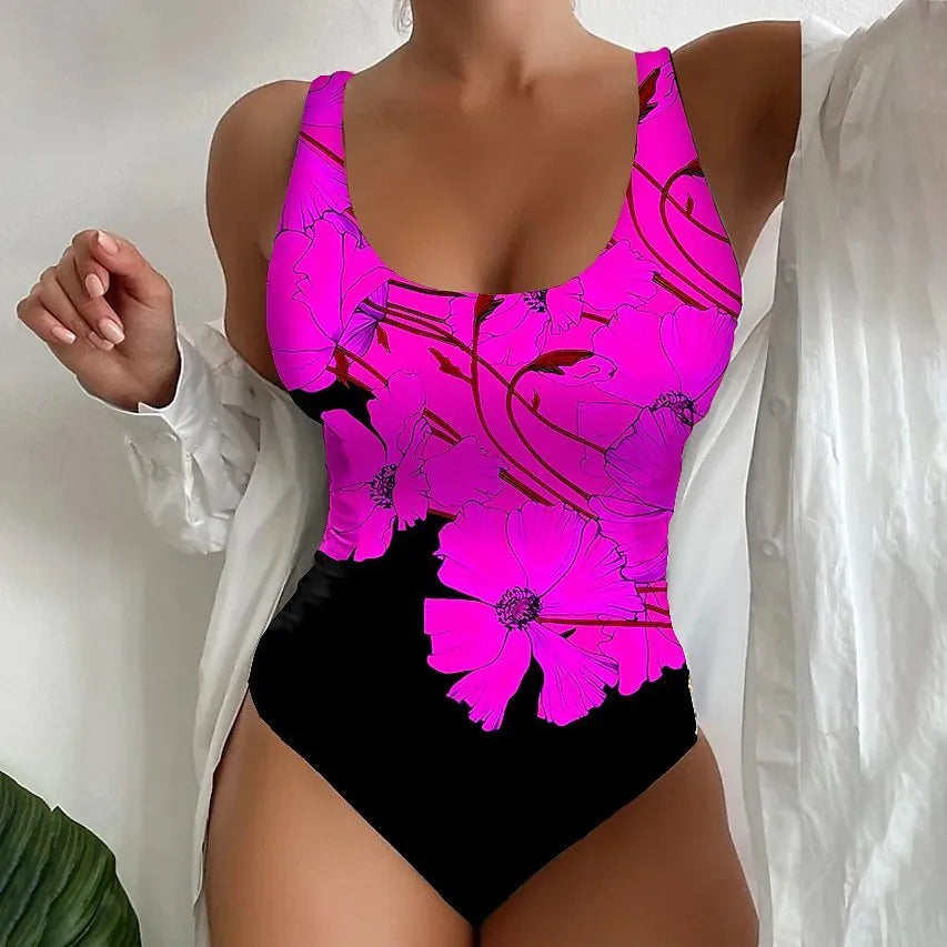 Women's orange red 3D printed one-piece swimsuit with Lycra fabric for swimming