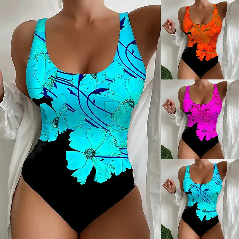 Women's orange red 3D printed one-piece swimsuit with Lycra fabric for swimming