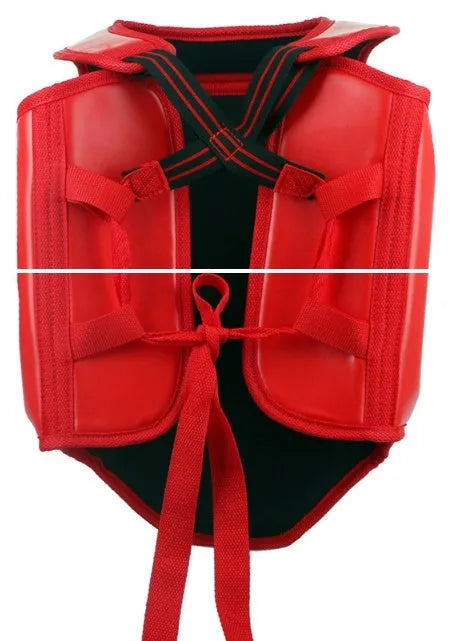 Red boxing helmet with integrated chest protector for fighting training