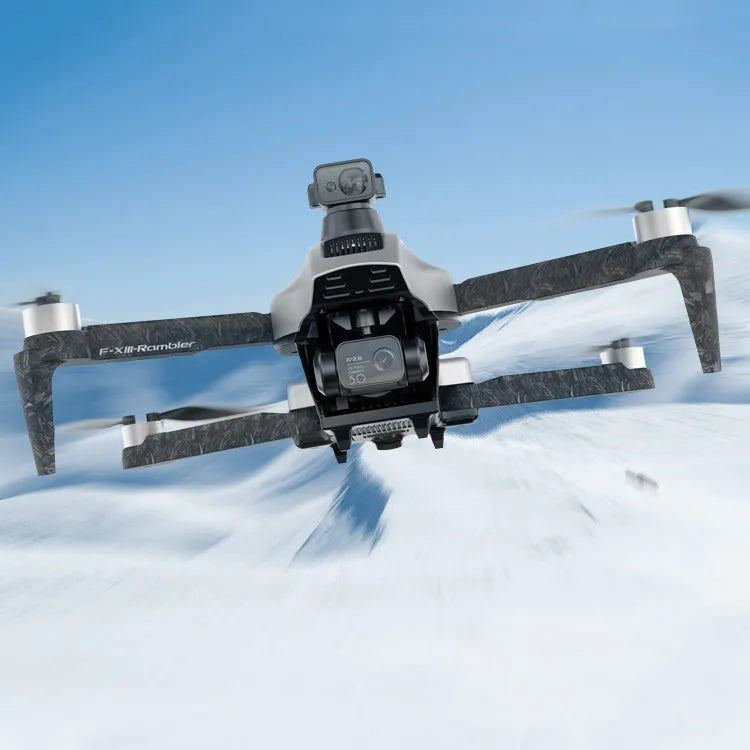 White folding quadcopter drone with 4K camera and obstacle avoidance sensors on a grassy field.