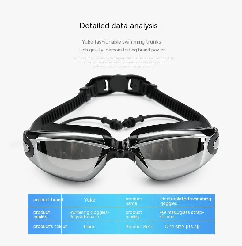 Men's black five-piece swimming set showing trunks, goggles, cap, ear plugs, nose clip, and storage bag