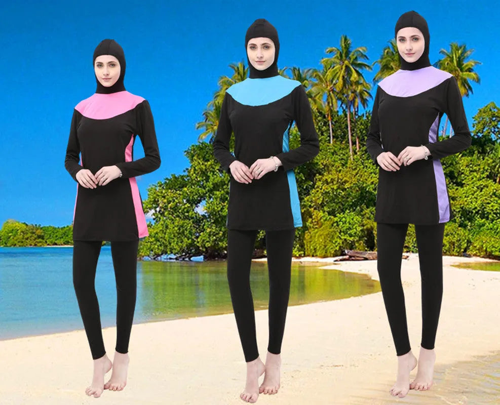 Conservative black women's swimsuit set with long sleeves, a hood, and separate pants.