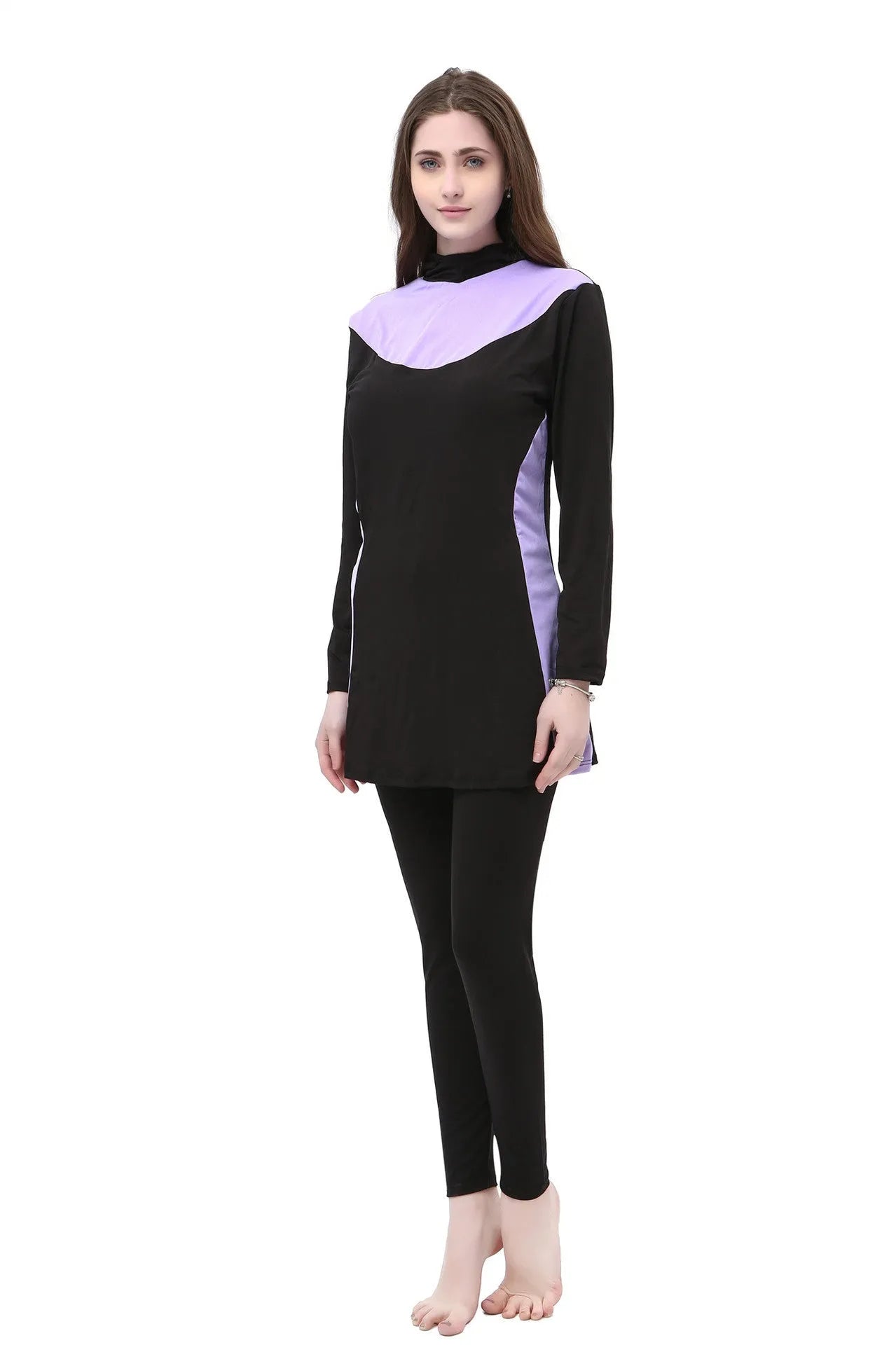 Conservative black women's swimsuit set with long sleeves, a hood, and separate pants.