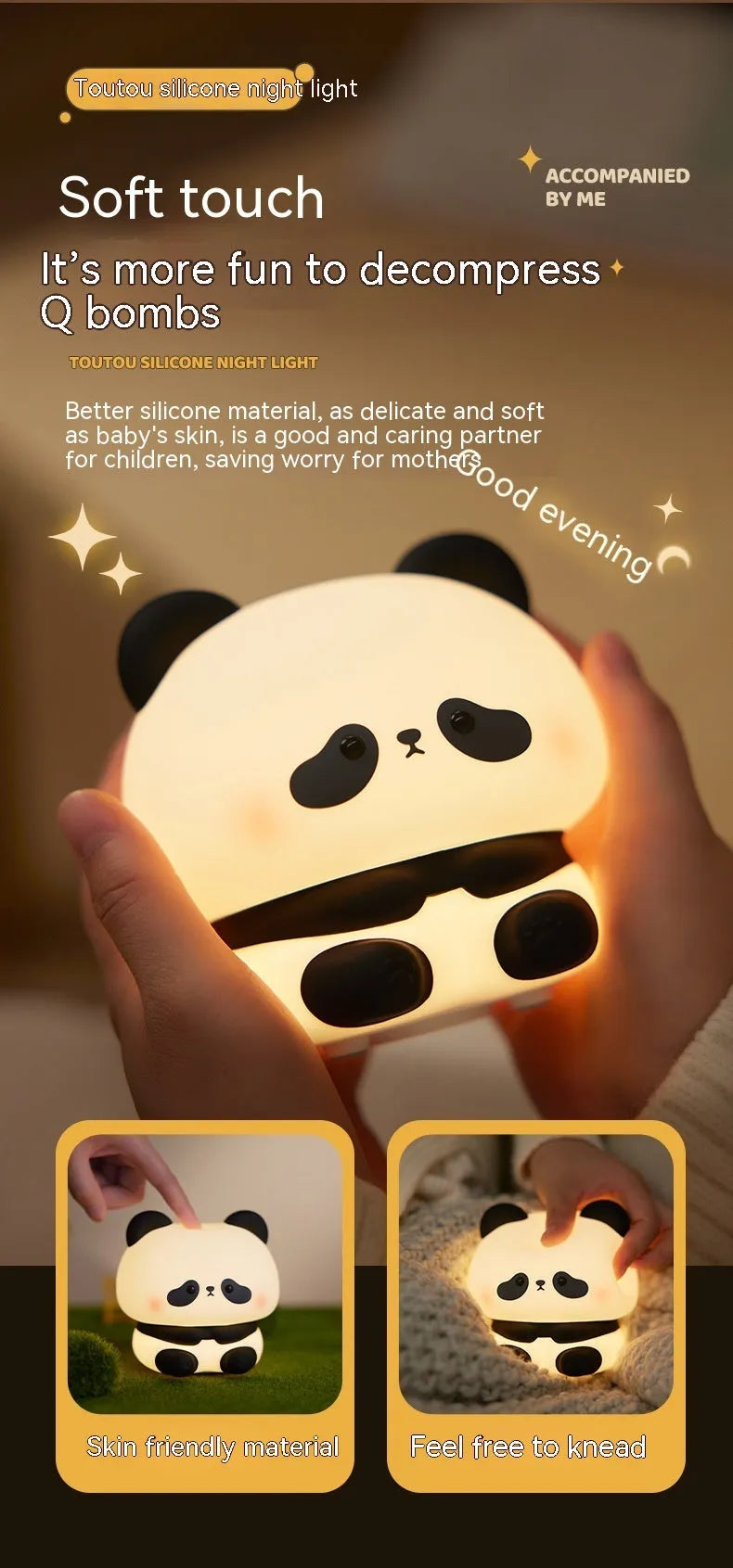Cute panda LED night light with soft silicone exterior, USB rechargeable, touch control