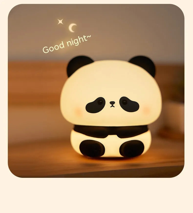 Cute panda LED night light with soft silicone exterior, USB rechargeable, touch control