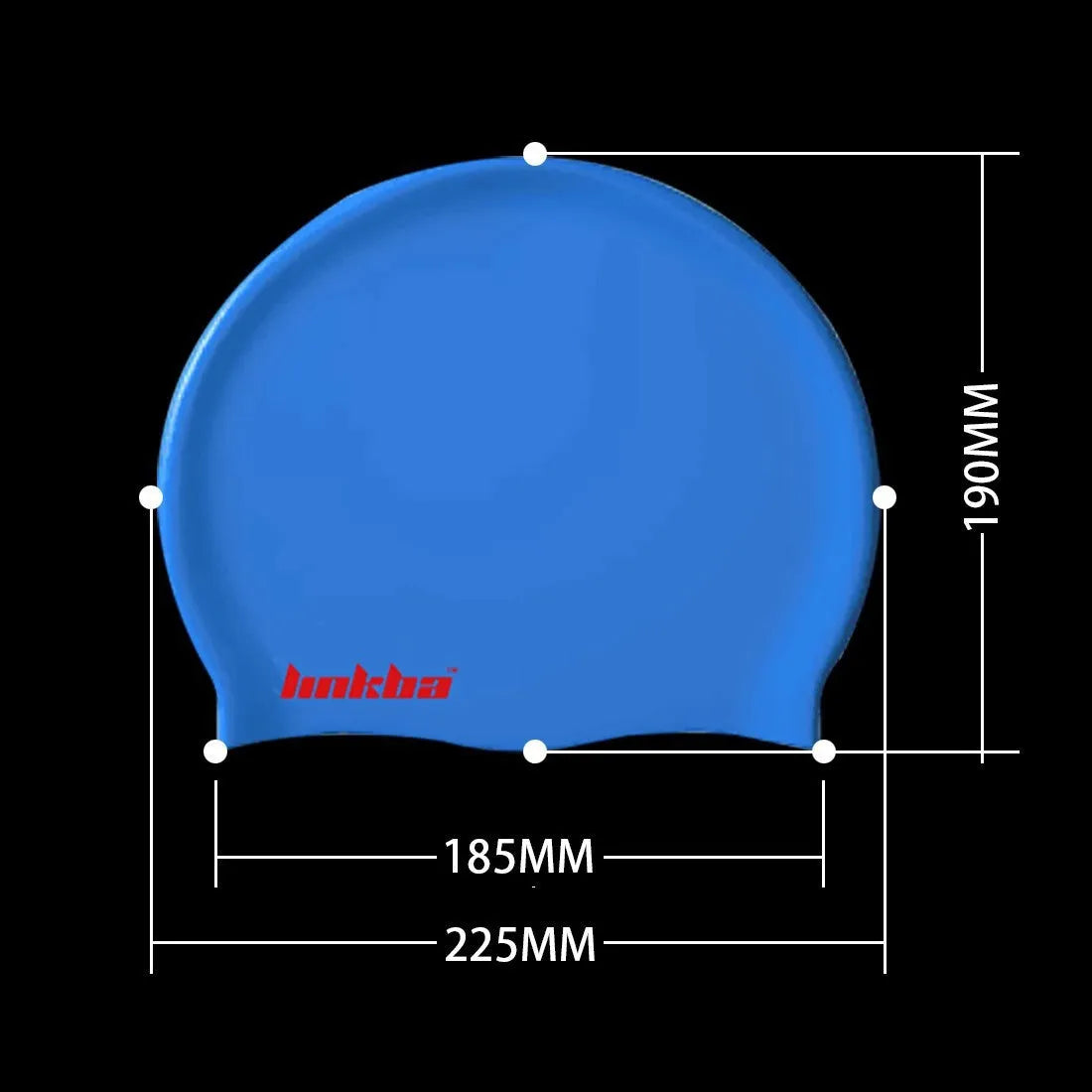 Silicone swimming cap with earmuff design and letters pattern in five colour options.