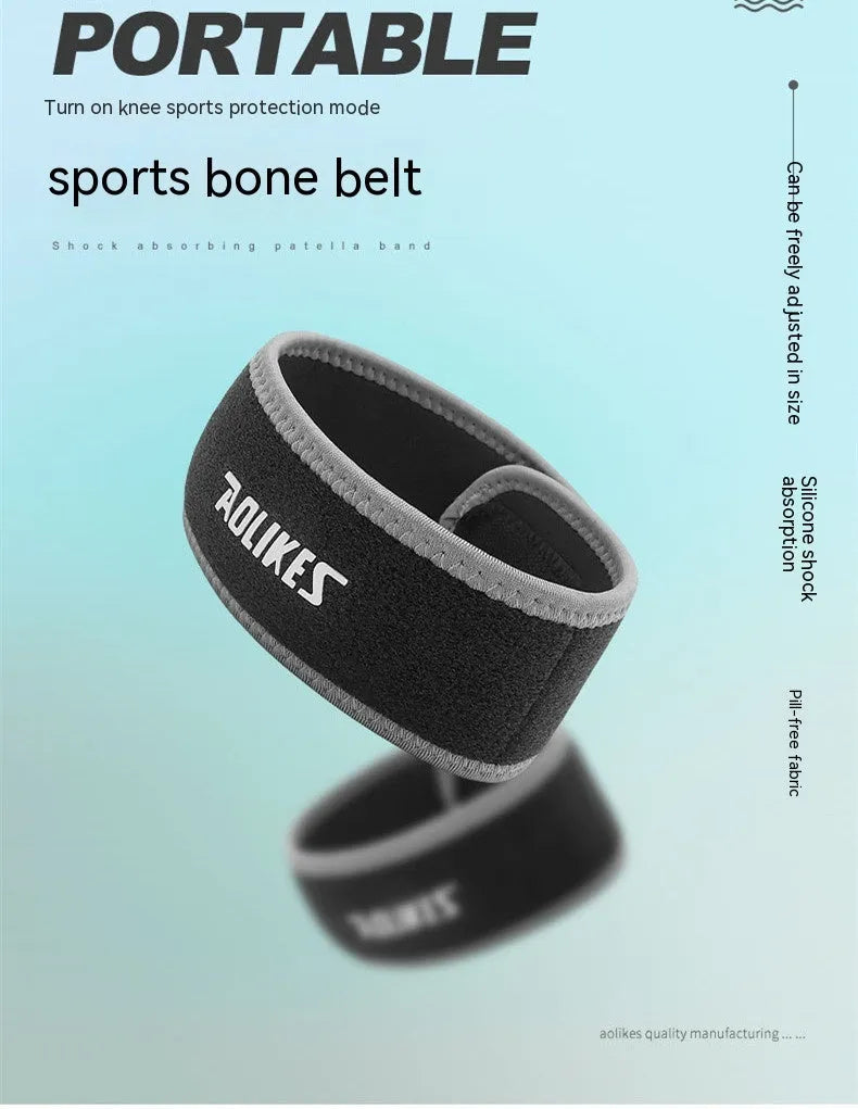 Black and grey patella retinaculum knee support for adult sports like running and football.