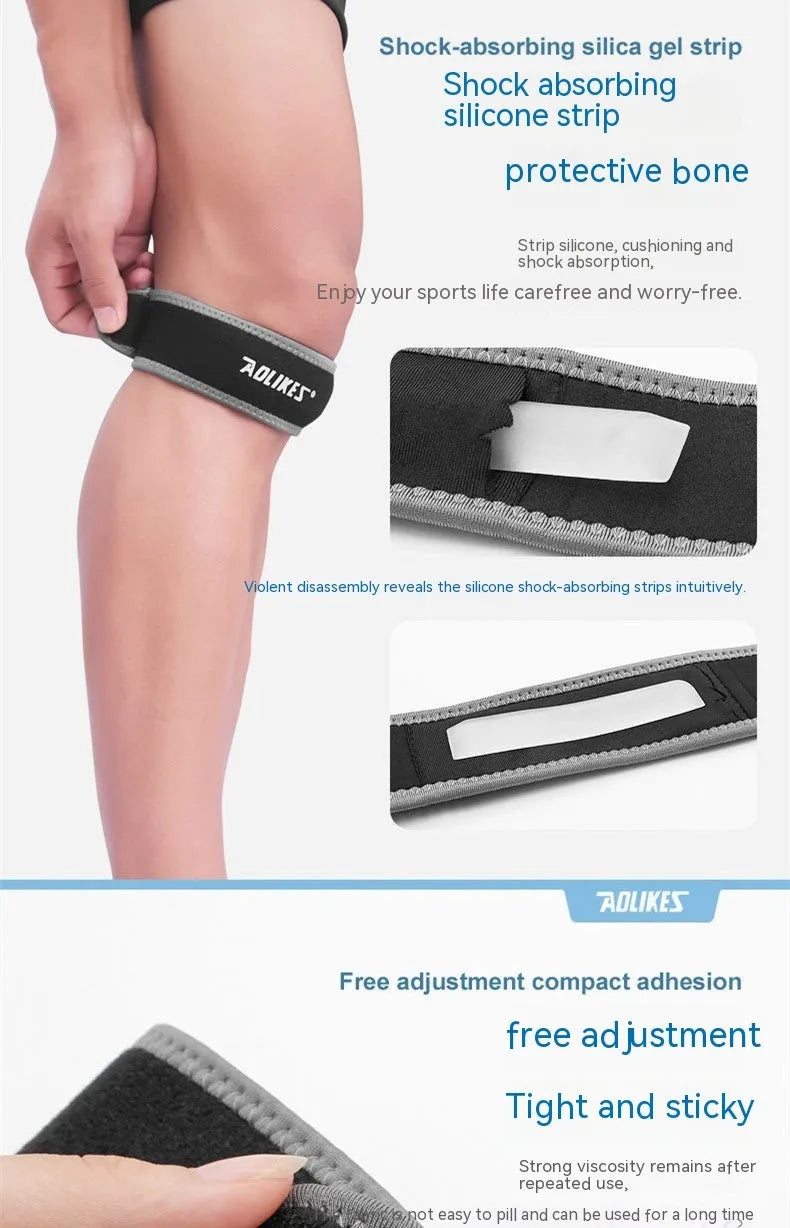 Black and grey patella retinaculum knee support for adult sports like running and football.