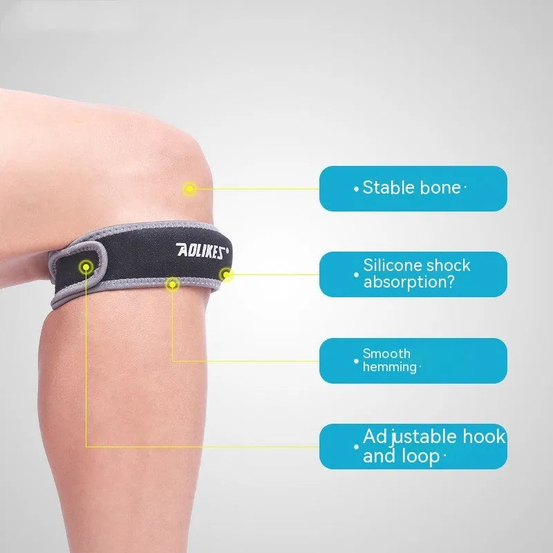 Black and grey patella retinaculum knee support for adult sports like running and football.