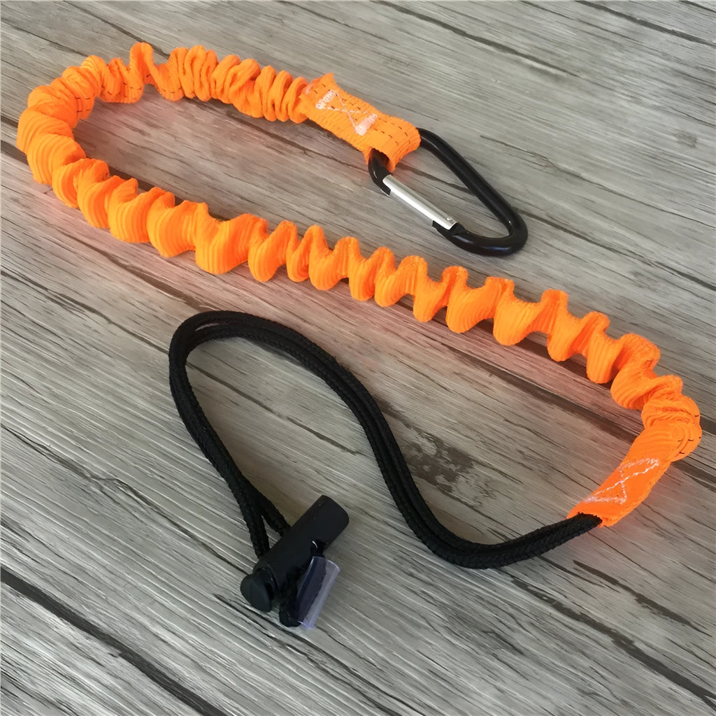 Orange 90cm long elastic safety rope for connecting fishing rod and reel.
