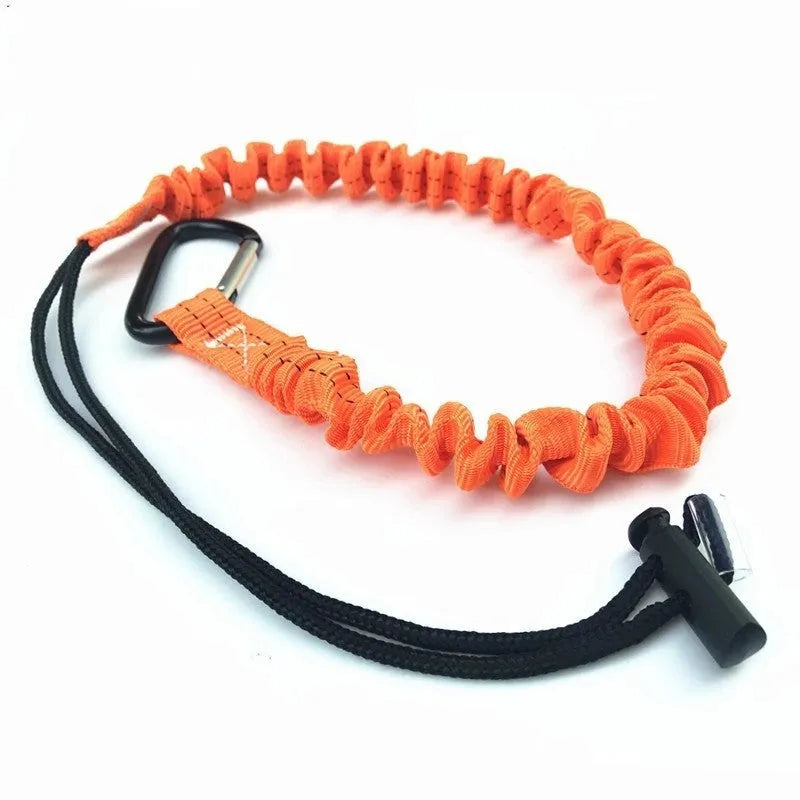 Orange 90cm long elastic safety rope for connecting fishing rod and reel.