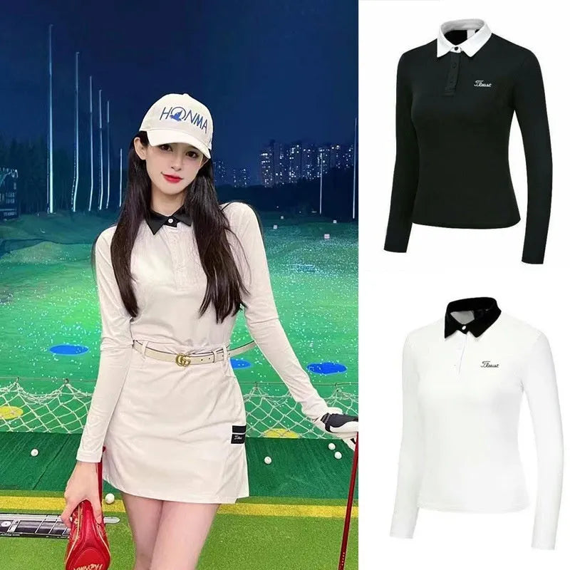 Women's white long sleeve golf top with slim sports styling for outdoor sun protection