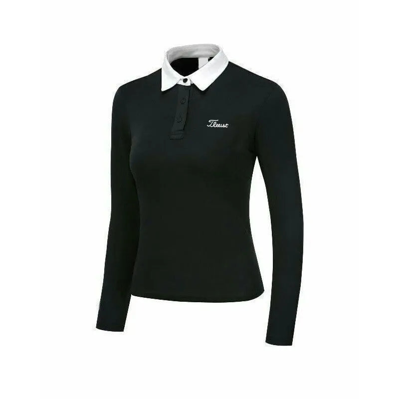 Women's white long sleeve golf top with slim sports styling for outdoor sun protection