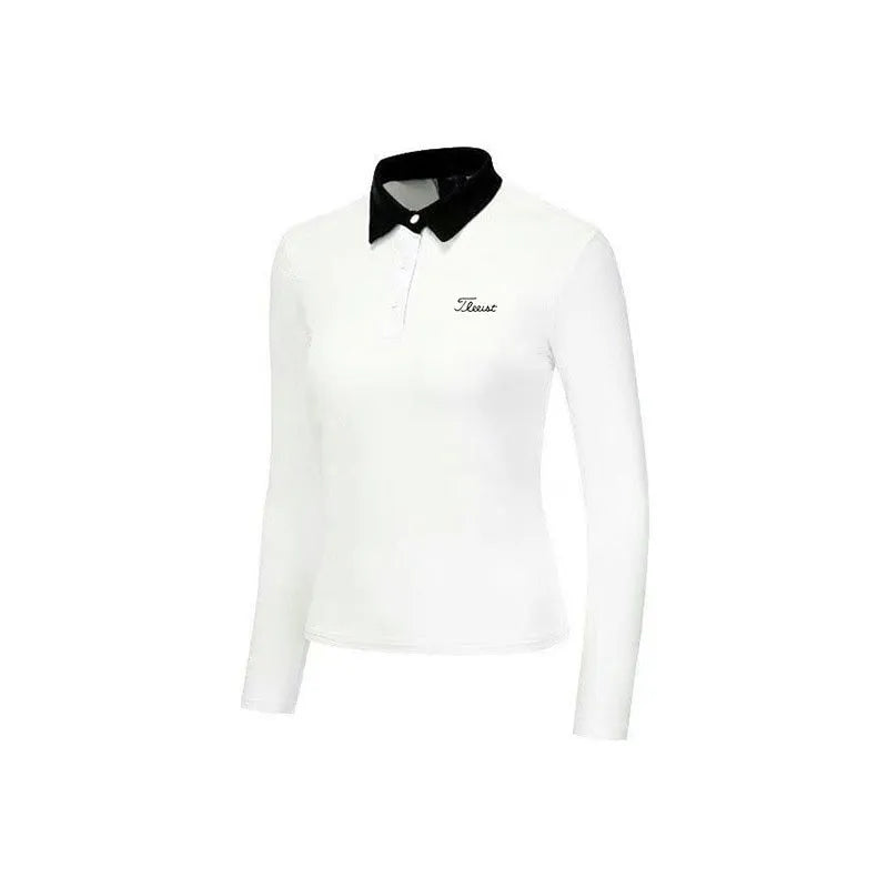 Women's white long sleeve golf top with slim sports styling for outdoor sun protection