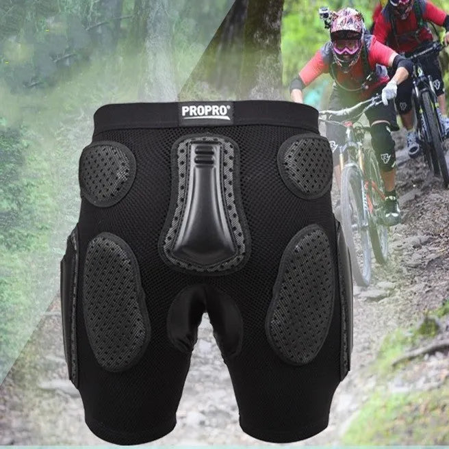 Black cycling hip pad protection pants showing padded hip area for impact absorption