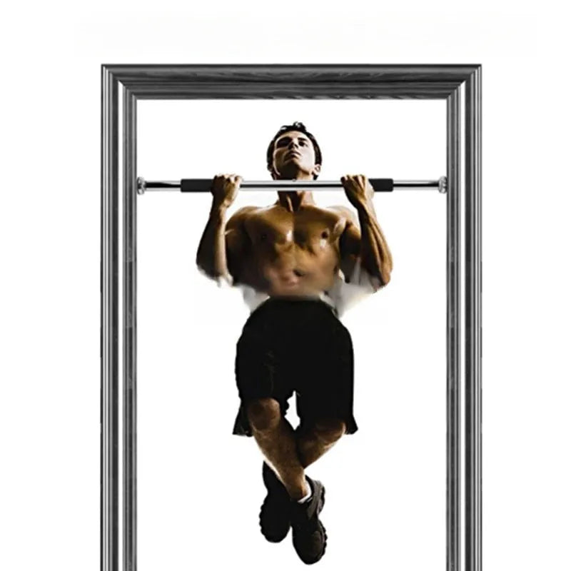Steel adjustable pull-up bar extended to fit in a home door frame.