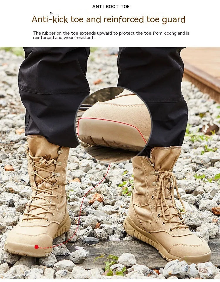 Yulong summer tactical desert combat boots in black and sand colour, shown on a rocky outdoor surface.