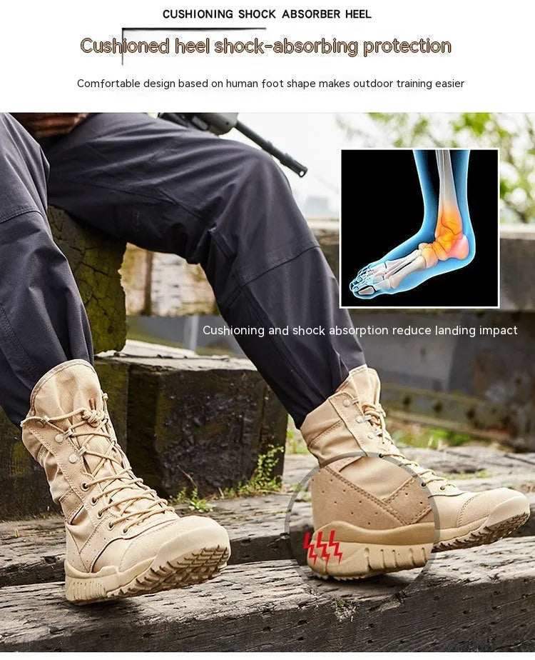 Yulong summer tactical desert combat boots in black and sand colour, shown on a rocky outdoor surface.