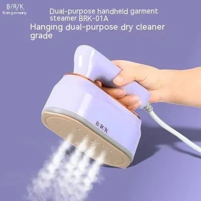 Light purple foldable portable travel iron with a ceramic soleplate and UK plug on a white background.
