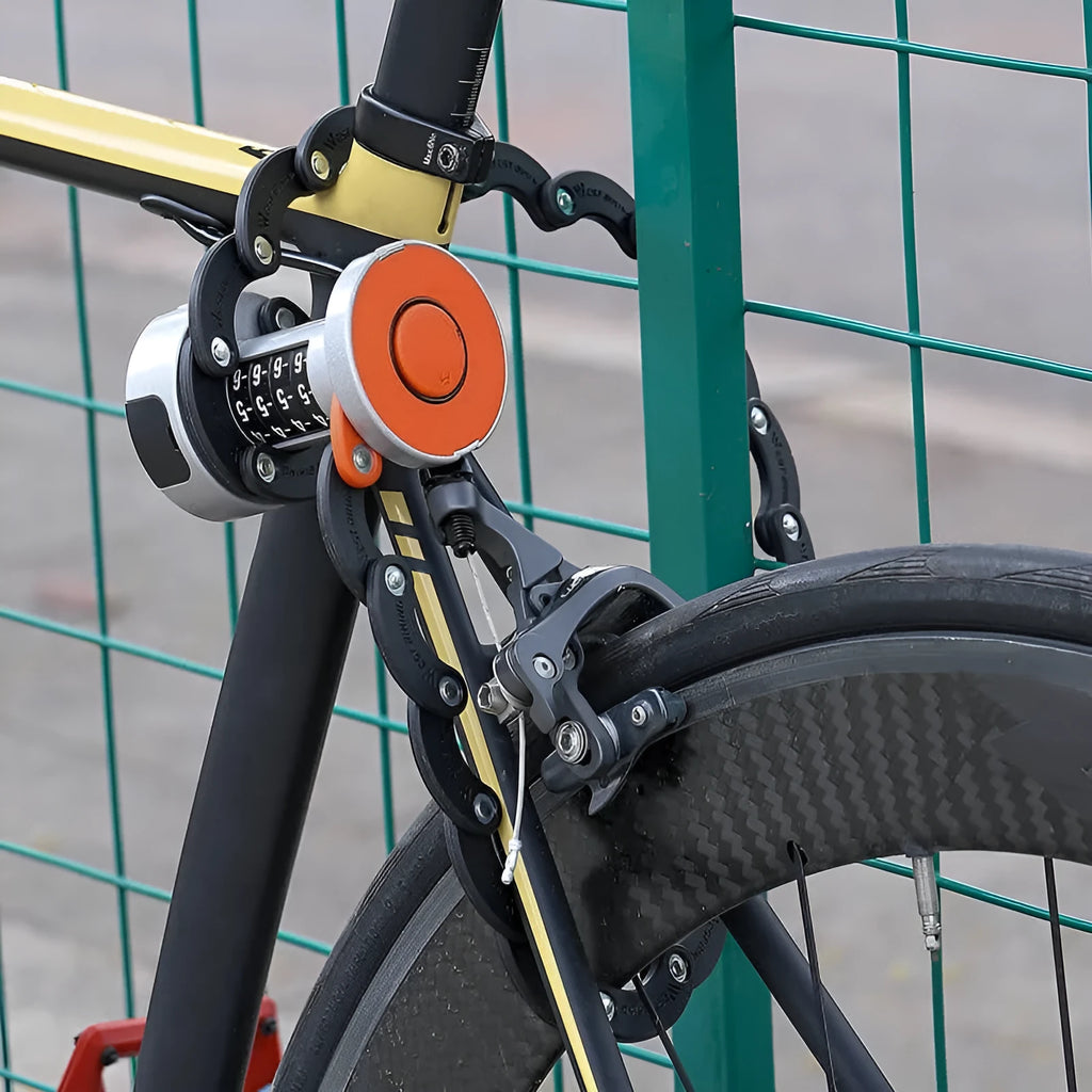 Portable bicycle folding lock in black or black orange colour with zinc alloy and steel construction