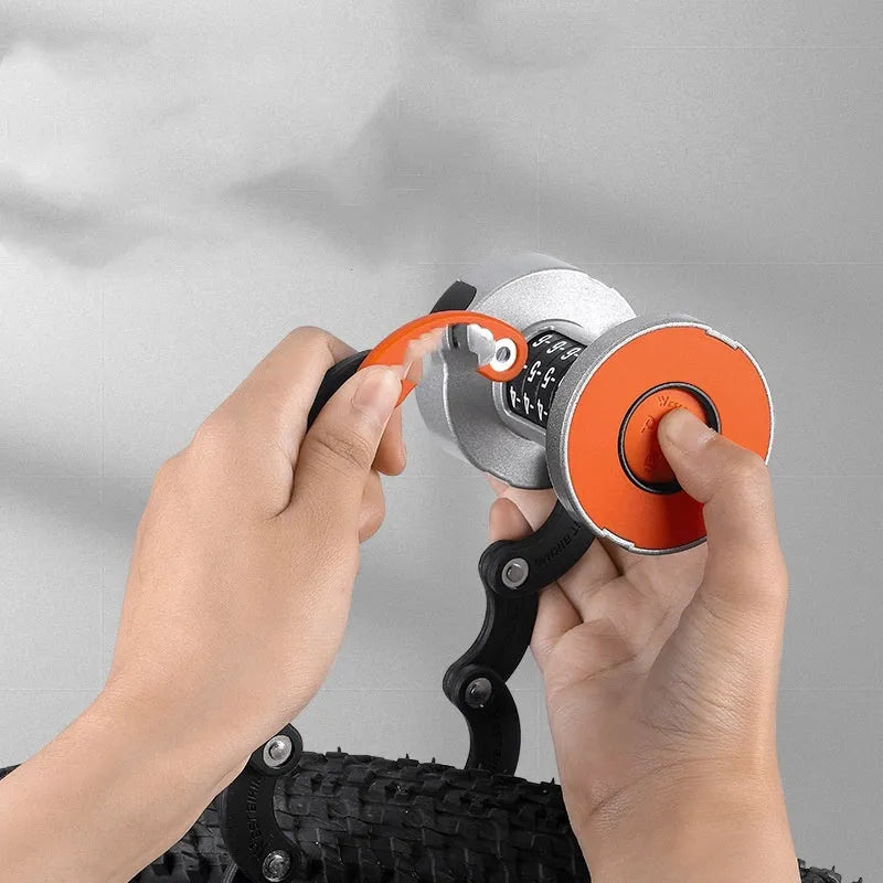 Portable bicycle folding lock in black or black orange colour with zinc alloy and steel construction
