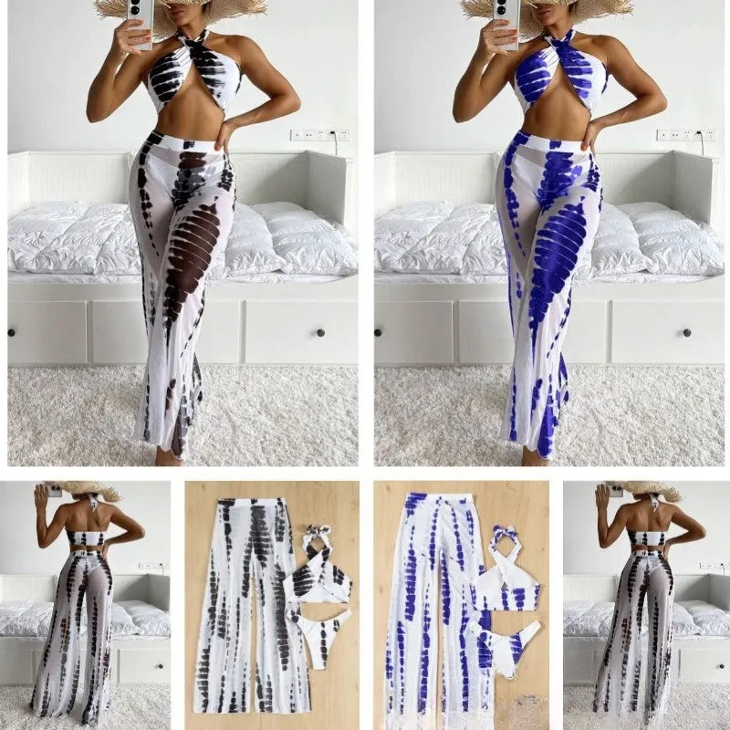 Women's three-piece bikini swimsuit with mesh trousers in quick-drying polyester fabric