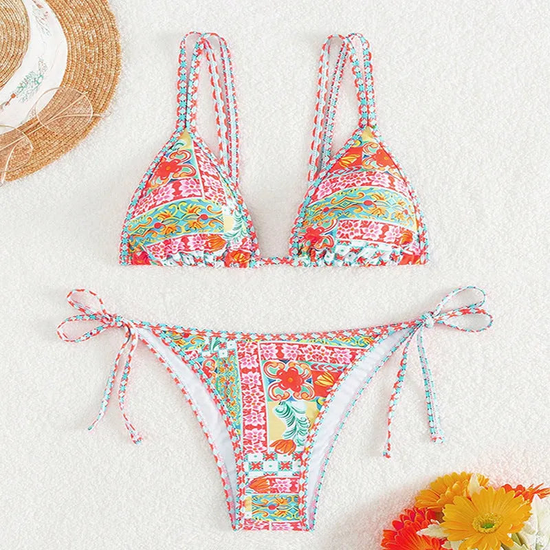 Women's lace-up back swimsuit with split cut design in picture colour