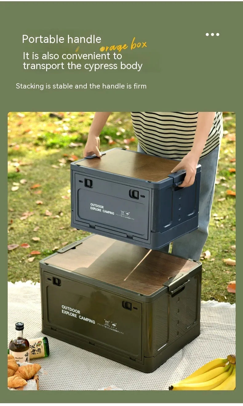 Large white foldable plastic storage box with a wooden lid for household organisation.
