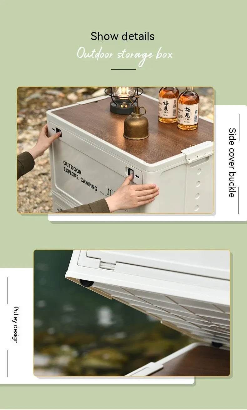 Large white foldable plastic storage box with a wooden lid for household organisation.