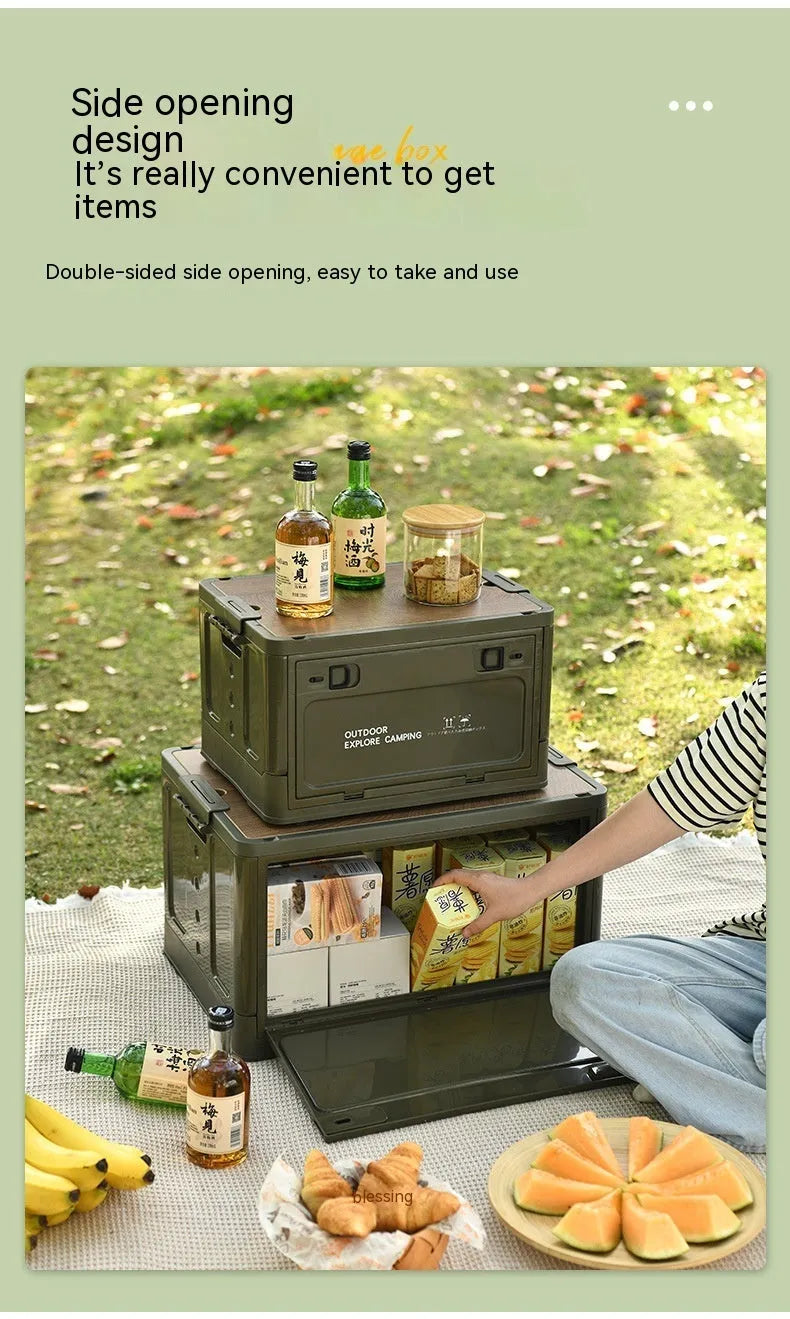 Large white foldable plastic storage box with a wooden lid for household organisation.