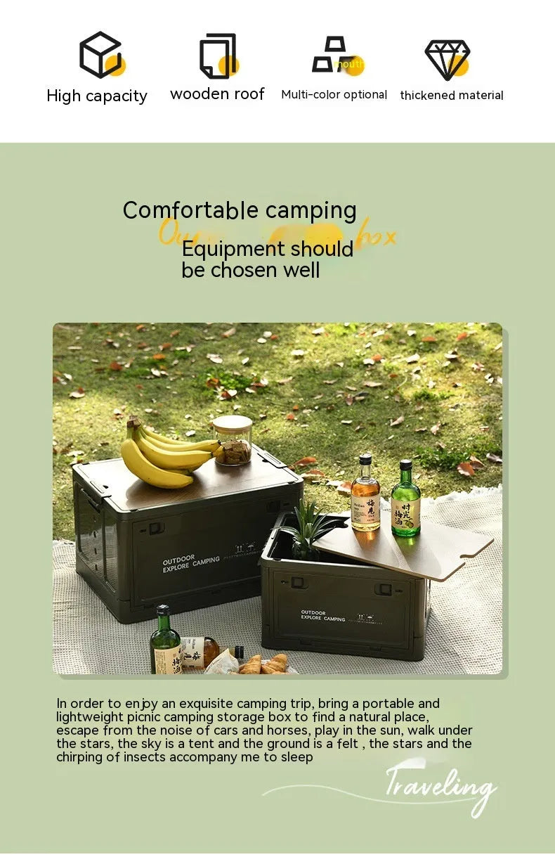 Large white foldable plastic storage box with a wooden lid for household organisation.