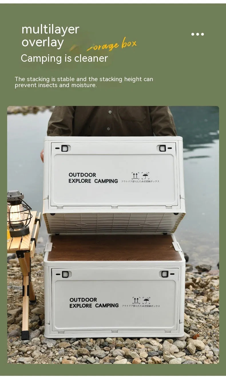 Large white foldable plastic storage box with a wooden lid for household organisation.