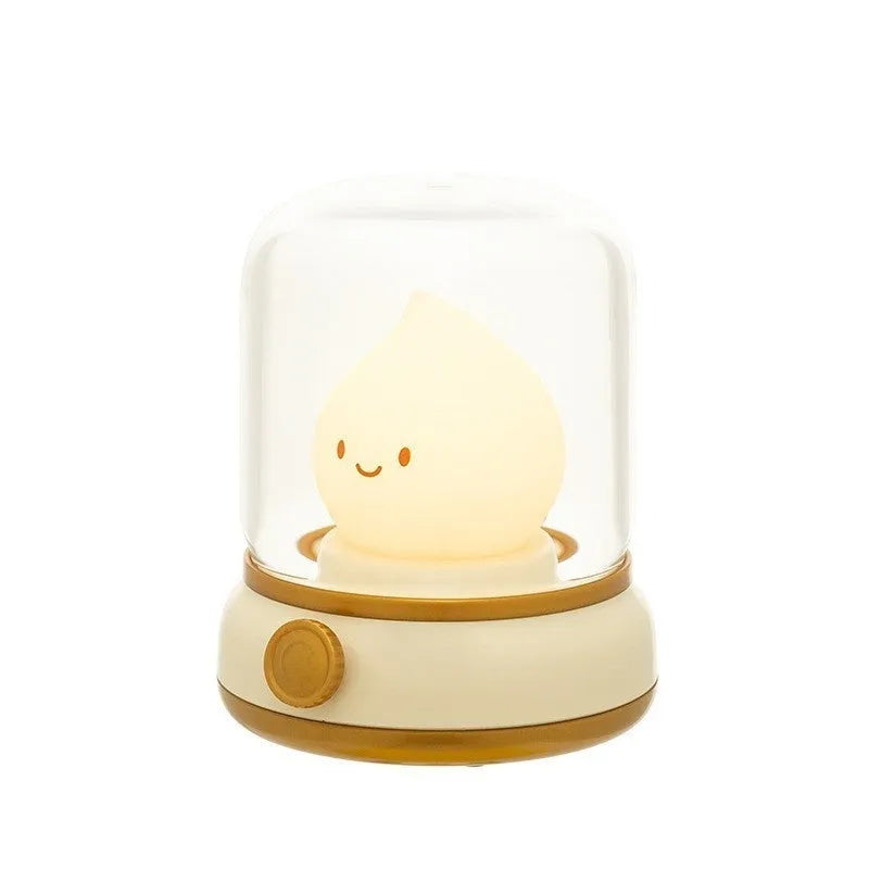 Retro small USB rechargeable night lamp with adjustable warm light on bedside table, compact 100x108x124mm size