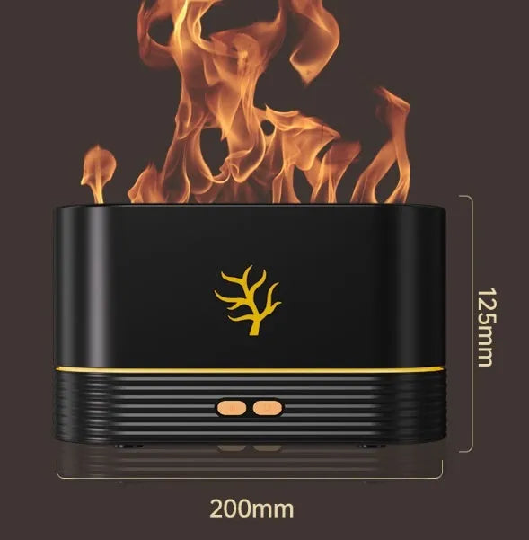 White USB flame humidifier with LED fire effect and square design on a wooden table