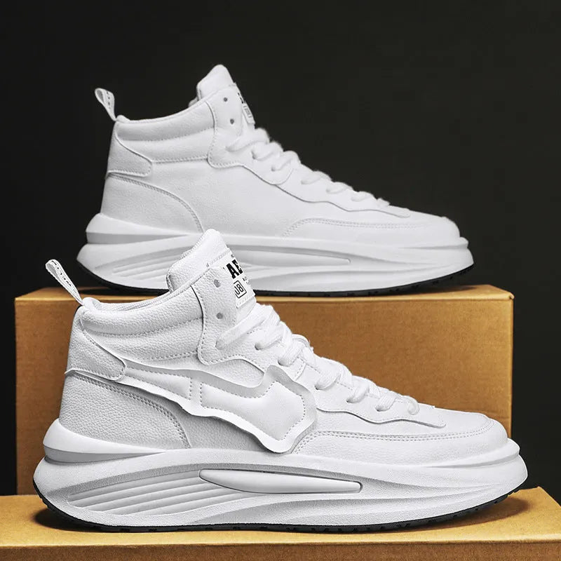 Men's black and white platform high-top board shoes with round toe and artificial PU upper
