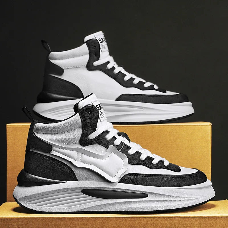 Men's black and white platform high-top board shoes with round toe and artificial PU upper