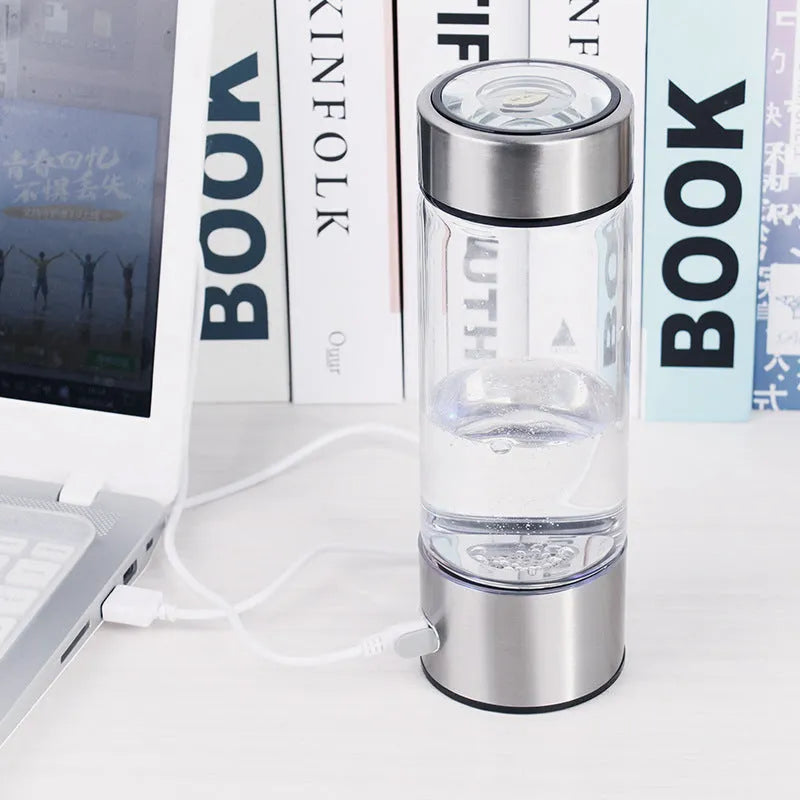 Hydrogen water bottle electric generator portable rechargeable borosilicate glass 401-500ml silver black red rose blue