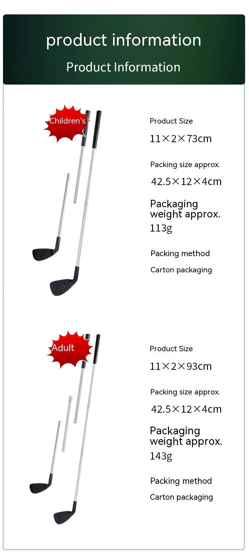 Metal golf club for adult or children's outdoor recreation and practice