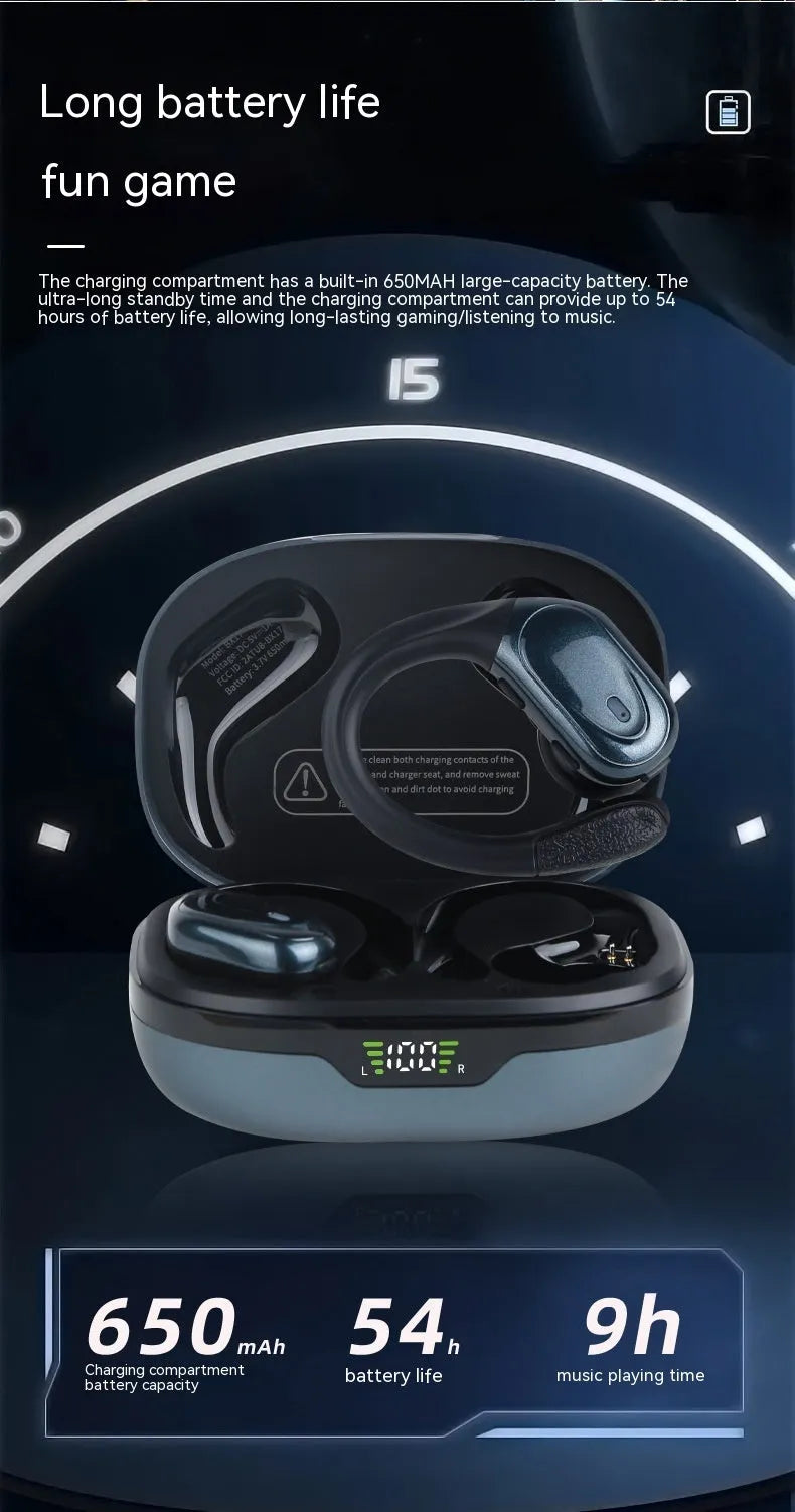 Wireless ear hook headphones with digital display charging case in black colour, noise reduction sports earbuds