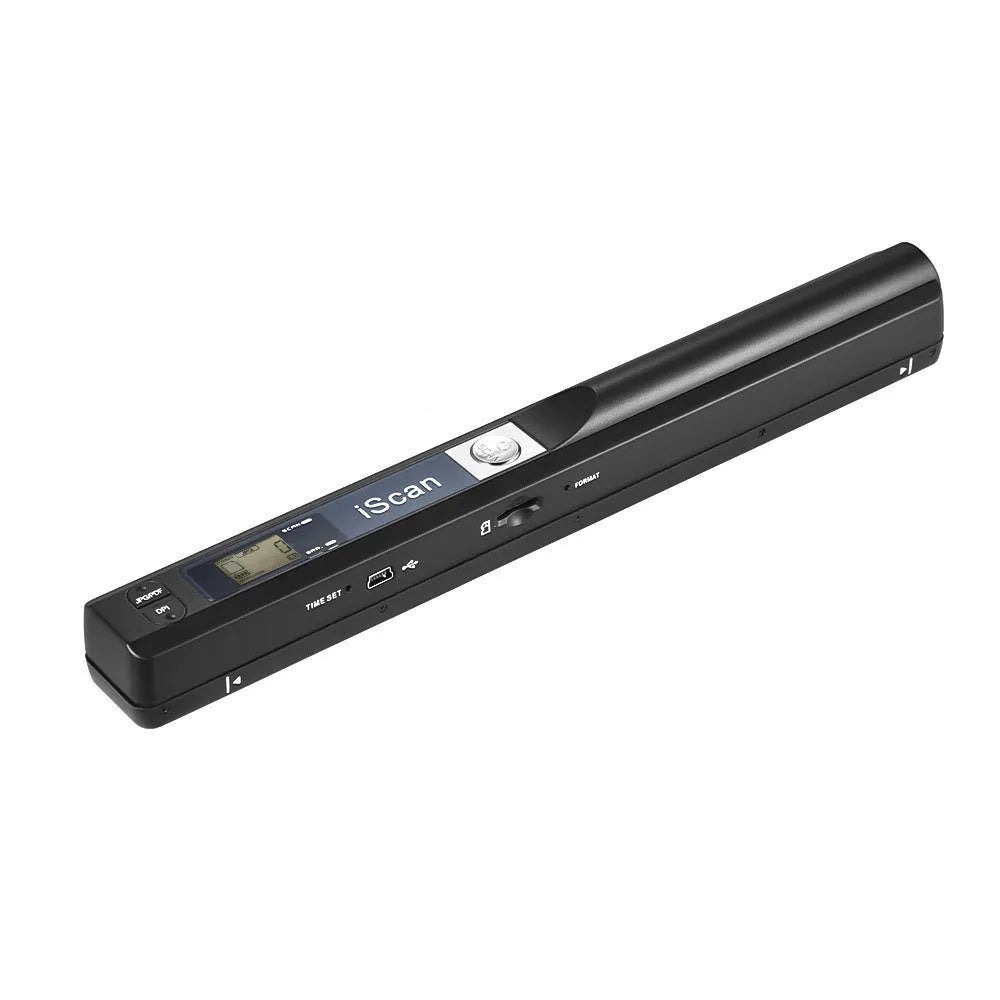 Handheld barcode scanner in five colour options: black, blue, green, red, and silver.