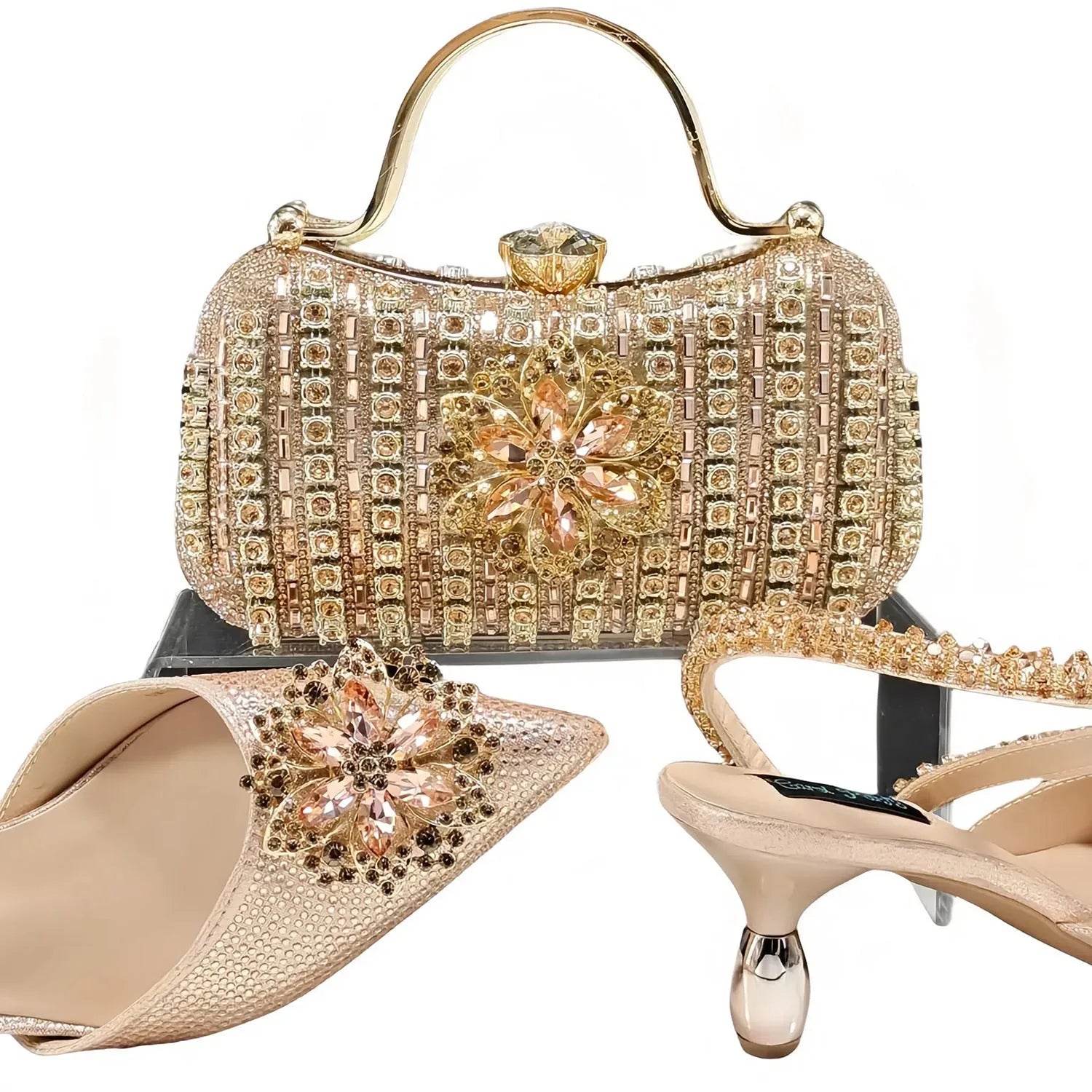 Women's floral high heel shoes with matching clutch bag featuring rhinestones and ankle chain